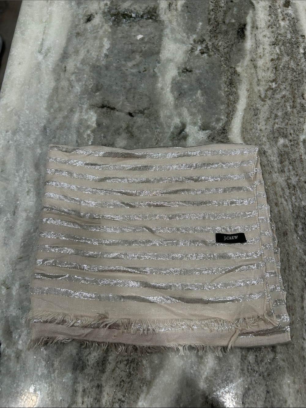 J. Crew Beige Scarf with Silver Metallic Stripes and Fringe